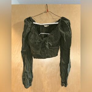 Pacsun LA Hearts Green Puff Sleeve Crop Blouse with Tie Front